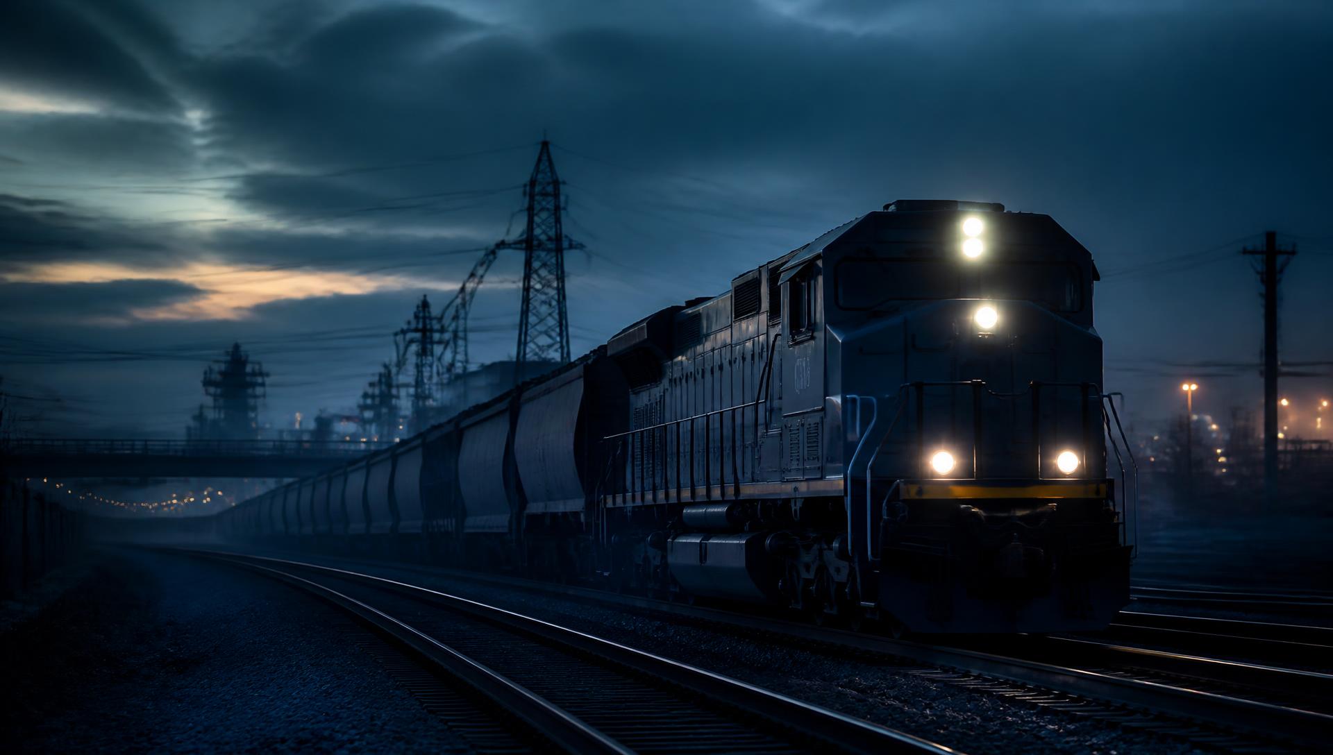 Train de marchandises circulant sur une voie ferrée dans un corridor industriel au crépuscule